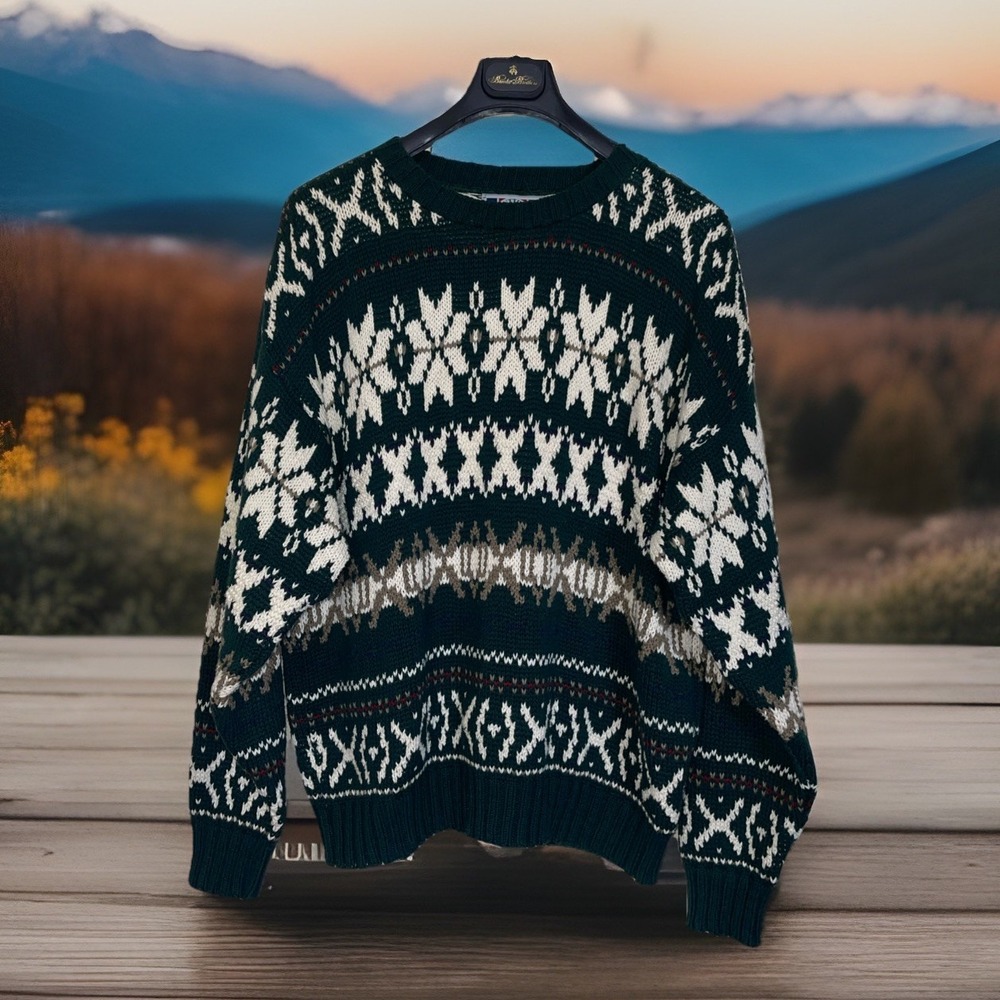 Sutter Grant Cotton Fair Isle Knit Sweater Men L‎ Green White Preppy Golfers